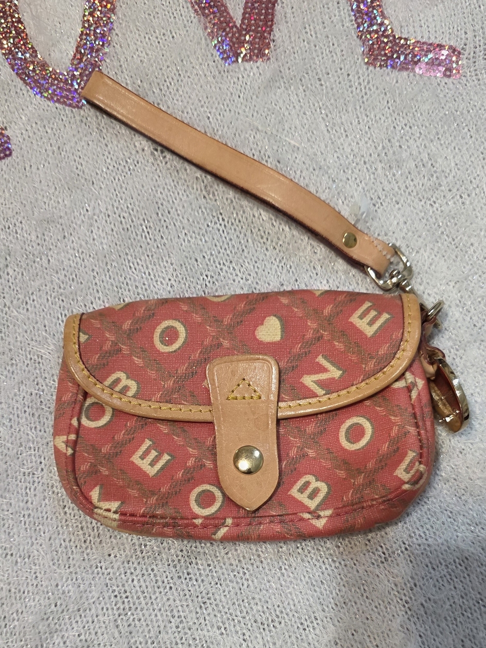 Dooney & Bourke Coral Pink Monogram Wristlet with Tan Trim